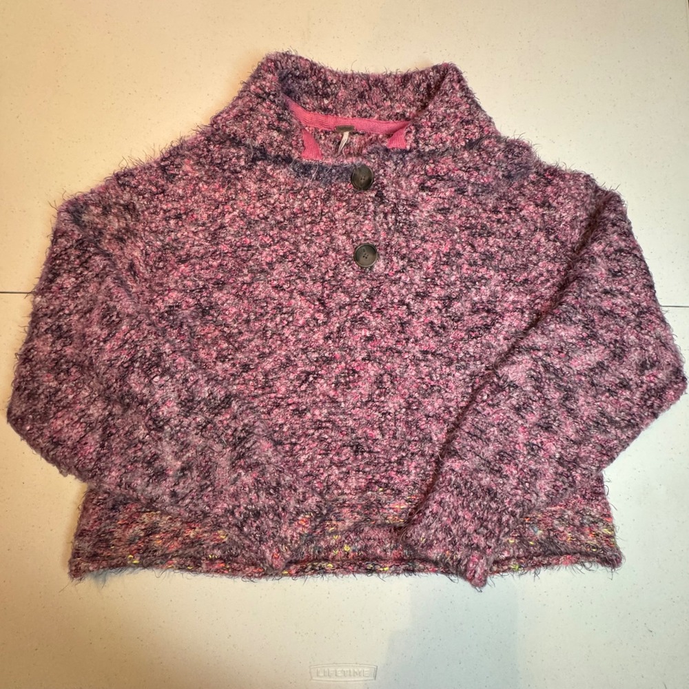 Free People Pink Stellar Pullover Knit Button Funnel Neck Sweater Small Slouchy‎